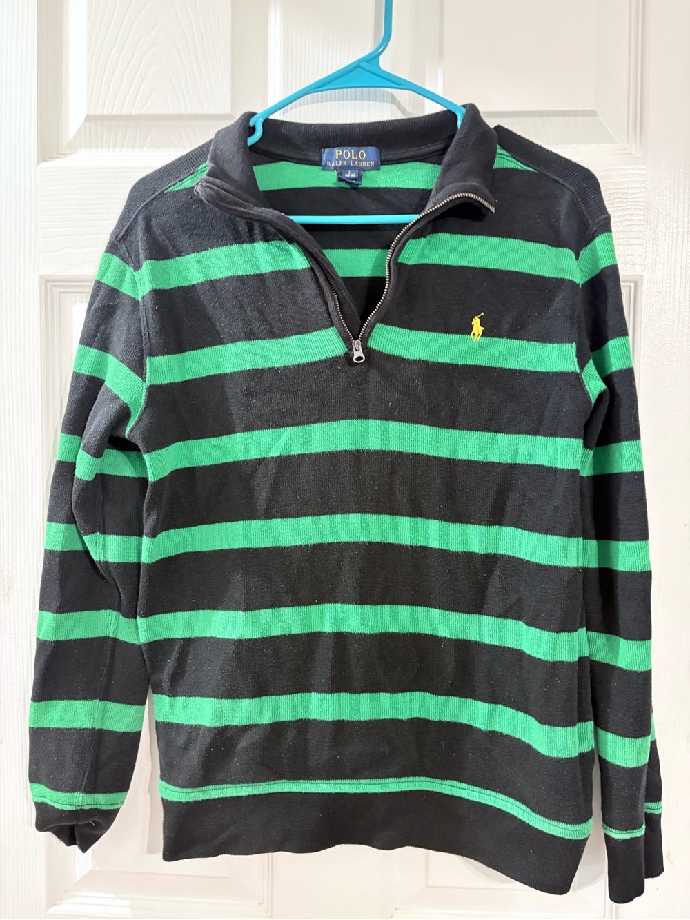 Polo Ralph Lauren Boys L 14-16 Green Black Striped Quarter Zip Sweater